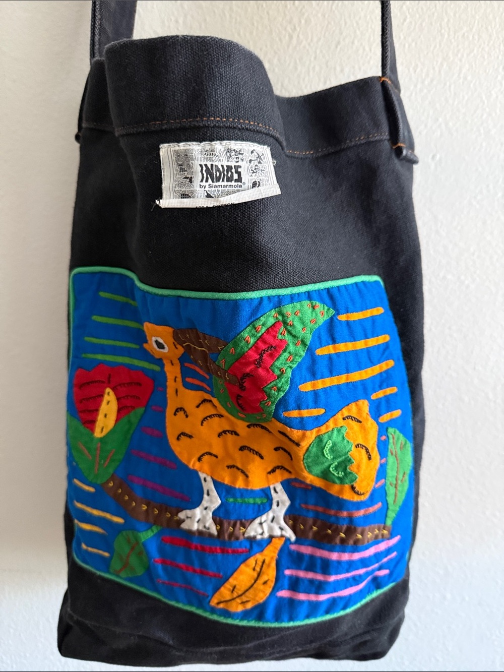 INDIES Colorful Embroidered Bird Canvas Shoulder Bag - Black & Blue